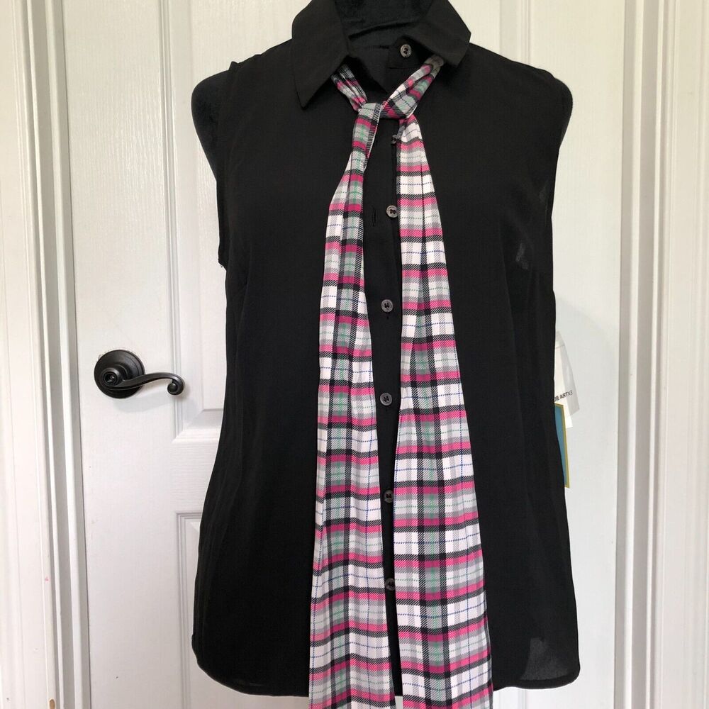 CeCe Womens Sleeveless Button Down Blouse Black Attached Plaid Tie Pink Small‎